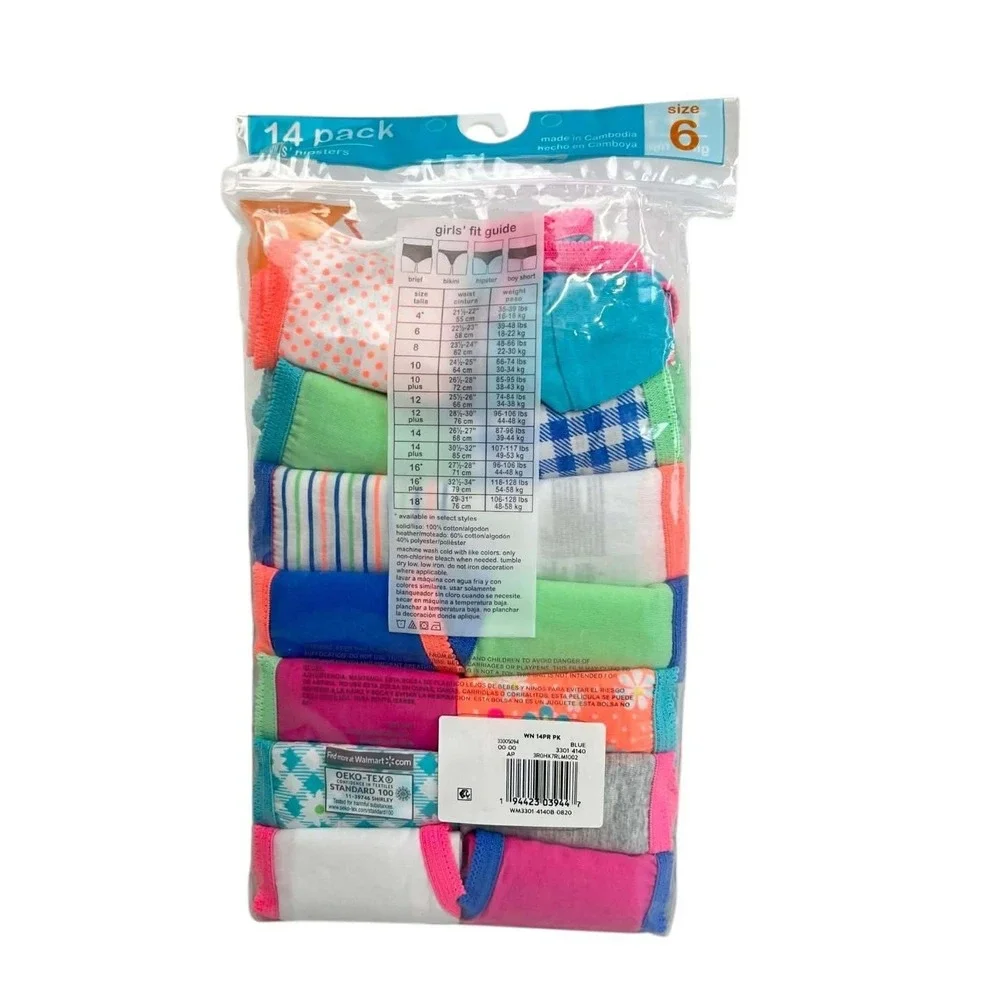 Wonder Nation Girls 14 Pack Hipsters Underwear Size 6 Cotton‎ Colorful Prints